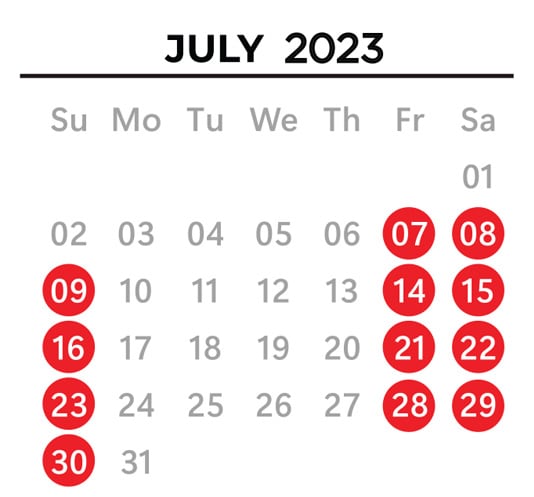 July 2023 Calendar Dates